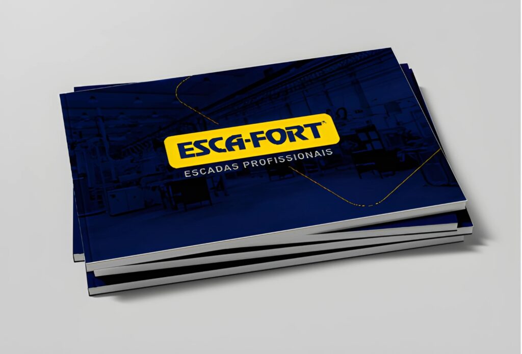 Catálogo digital Esca-Fort com modelos de escadas profissionais, incluindo extensíveis, tesoura e singela, focado em durabilidade e segurança
